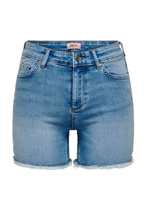 Shorts de mezclilla azul claro de talle alto con dobladillos deshilachados, cierre de botón y cremallera, y bolsillos delanteros y traseros.