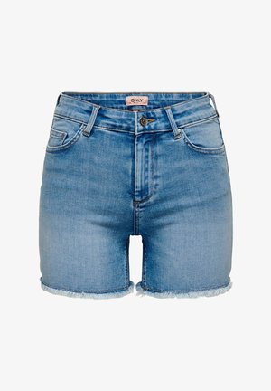 Shorts de mezclilla azul claro de talle alto con dobladillos deshilachados, cierre de botón y cremallera, y bolsillos delanteros y traseros.