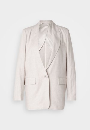 Blazer in lino beige chiaro con rever a punta, chiusura a un bottone e due tasche frontali; completamente foderato con una texture liscia.