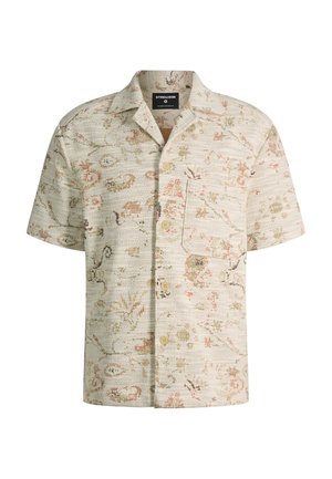 Korte mouwen, beige overhemd met knopen, voorzien van een subtiel, abstract meerkleurig patroon en een borstzak.