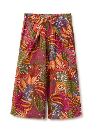 Spodnie o szerokich nogawkach z żywym tropikalnym wzorem liści w odcieniach różu, pomarańczu, zieleni i szarości, z wiązaniem z przodu w talii oraz lekkim materiałem.