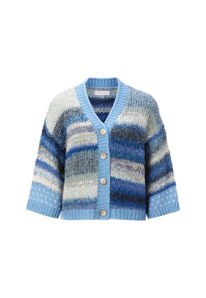 Blue knitted cardigan featuring varied stripes in shades of blue and white, 5 button front, and a soft, textured finish. Cropped sleeves.