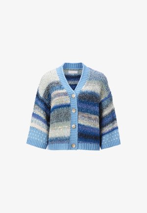 Blue knitted cardigan featuring varied stripes in shades of blue and white, 5 button front, and a soft, textured finish. Cropped sleeves.