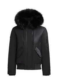 Black bomber jacket with a faux fur-trimmed hood, featuring a smooth texture, zip and snap closures, and angled front pockets.