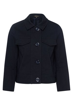 Veste en denim bleu marine avec un col classique, des poches avant, une fermeture à boutons et des détails cousus sur les manches et l'ourlet.