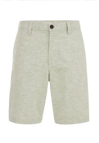 Light green, textured shorts with a subtle striped pattern, featuring a single brown button closure and belt loops.