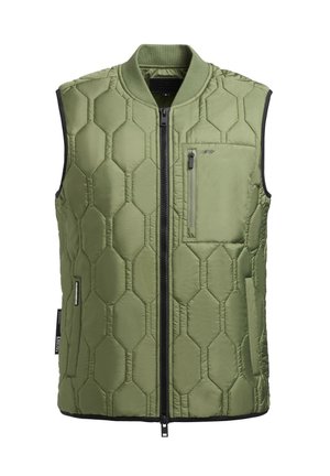 Grön vadderad väst med bikakestruktur, dragkedja fram, ribbat krage och sidofickor. Materialet verkar slätt med en lätt design.