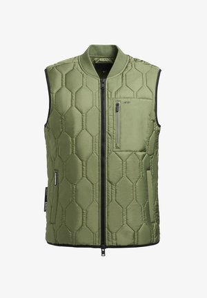 Zelená vycpaná vesta s texturou včelího plástu, předním zipem, žebrovaným límcem a bočními kapsami. Materiál vypadá hladce a má lehký design.