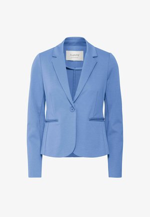 Heller blauer Blazer aus glattem Stoff, mit einem Reverskragen, Ein-Knopf-Verschluss und zwei Fronttaschen mit dezenten Nahtakzenten.