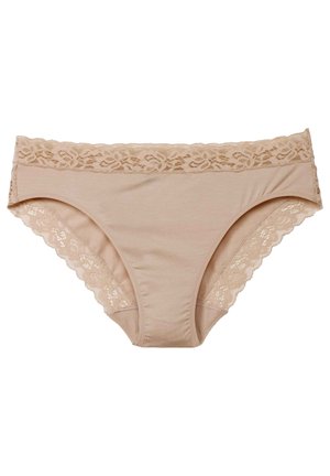 Beige katoenen ondergoed met kantafwerking langs de tailleband en beenopeningen; zachte textuur, klassieke slipvorm, delicate bloemenpatroon.