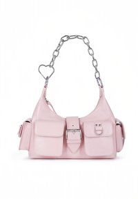 Pink leather bag with a shiny finish, two front pockets, a belt buckle accent, and a chain strap featuring a heart-shaped link.