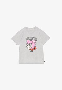 Camiseta de algodón gris con un gráfico de un oso rosa con un contorno negro y un lazo naranja, etiquetado como "ORSOTTO" en texto estilizado arriba.