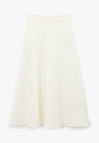 Valkoinen, polvipituinen hame, jossa on teksturoitu kukkakuosis, vyötäröllä tiukka vyötäröosa ja valuvampi siluetti. Pehmeä, elegantti kangas.