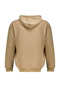 Beige corduroy hoodie met een zachte textuur, met een capuchon, lange mouwen en ribgebreide boorden en onderkant. De achterkant toont een gladde afwerking en stiksels.