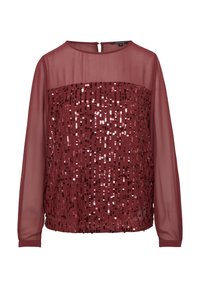 Bordeaux-farbenes Oberteil mit einem transparenten oberen Abschnitt und einem glitzernden unteren Teil, ausgestattet mit langen Ärmeln und einem Rückenschlitzverschluss.