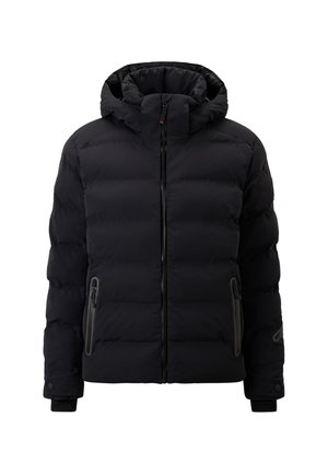 Black puffer jacket with a hood, featuring a zip front, two side zip pockets, and elastic cuffs. Smooth texture with stitched panels.
