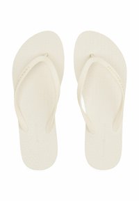 Cream-colored flip-flops with a textured footbed and thin straps. Features a subtle pattern and branding on the strap.