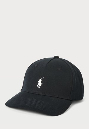 Schwarze Baseballkappe mit gebogenem Schirm und weißem, gesticktem Polo-Spieler-Logo in der Mitte des vorderen Panels.