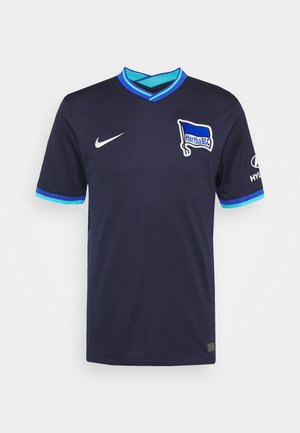 Dark blue short-sleeve Hertha BSC football jersey with blue trim, Nike logo on right chest, club flag on left chest, and Hyundai logo on right sleeve.