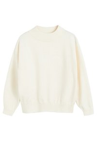 Cremefarbener, übergroßer Pullover mit hohem, rundem Ausschnitt, langen Ärmeln und gerippten Bündchen sowie Saum. Weiche Textur, einfaches Design.