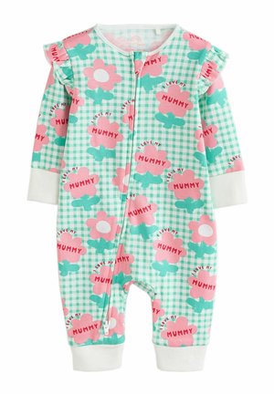 Baby-Jumpsuit mit grünem Gingham-Muster, pinken Blumen und dem Text "Ich liebe meine Mama". Lange Ärmel und Reißverschluss mit weißen Bündchen.