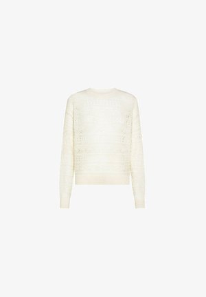 Maglione lavorato a maglia in crema, con un motivo testurizzato, scollo rotondo e polsini e orlo a costine. Calore intermedio adatto per essere indossato a strati.