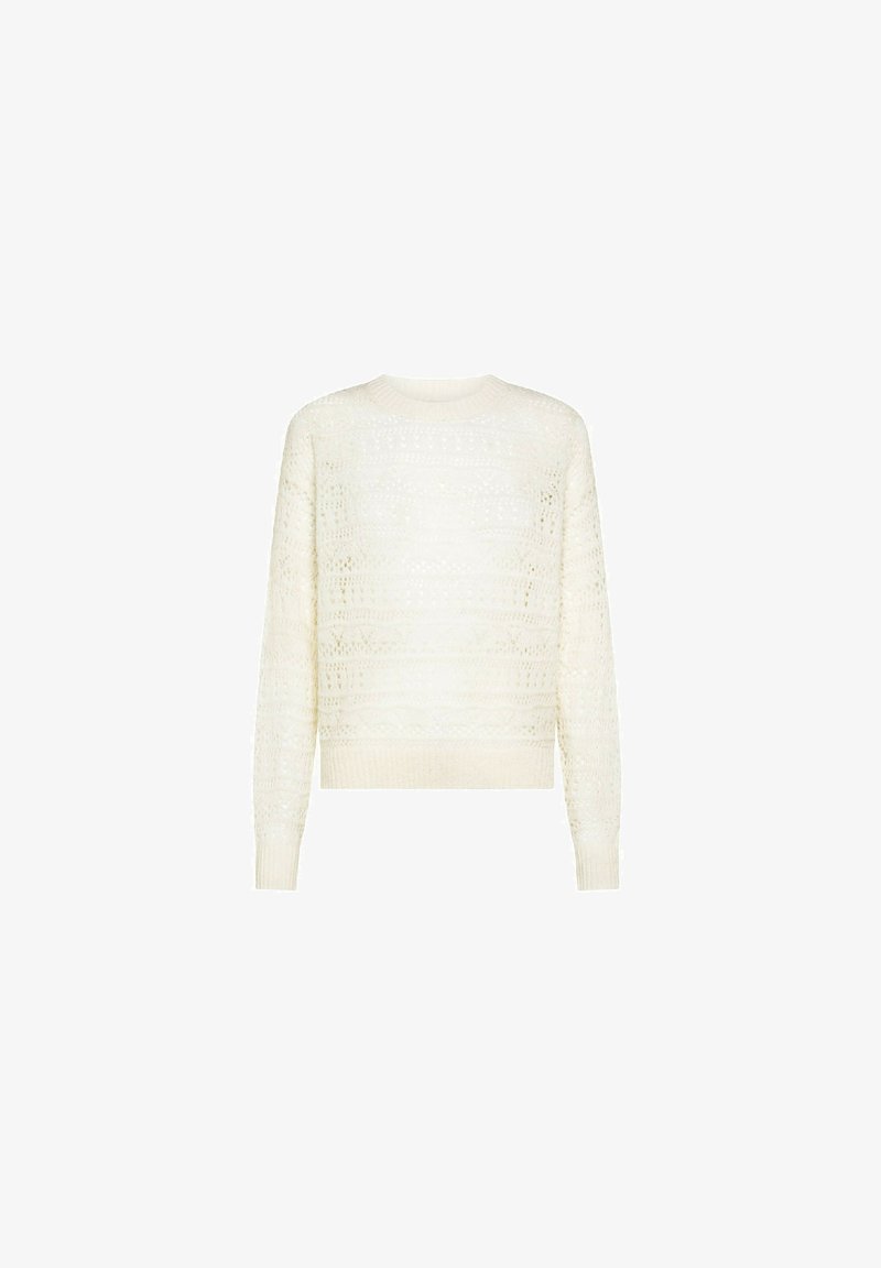 Maglione lavorato a maglia in crema, con un motivo testurizzato, scollo rotondo e polsini e orlo a costine. Calore intermedio adatto per essere indossato a strati.