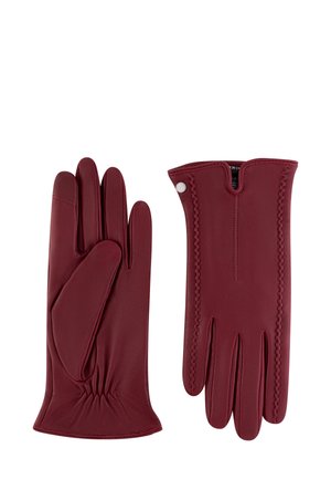 Burgundy leather gloves featuring a fitted design, gathered wrist, and contrasting stitching along the cuff and finger seams.