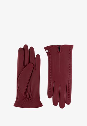 Burgundy leather gloves featuring a fitted design, gathered wrist, and contrasting stitching along the cuff and finger seams.