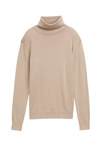 Pull ras du cou beige en maille douce, avec des manches longues et un col et un ourlet côtelés. Design simple et sans embellissements.