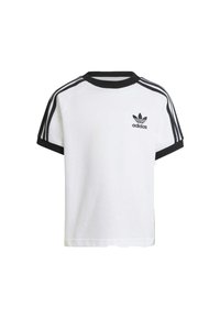 Biela bavlnená tričko s čiernym rebrovaným golierom a lemami rukávov, s tromi čiernymi pruhmi na pleciach a malým čiernym logom na hrudi.