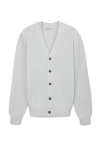 Cardigan bianco con scollo a V, maniche lunghe, sei bottoni grigi, polsini a coste e tessuto testurizzato.