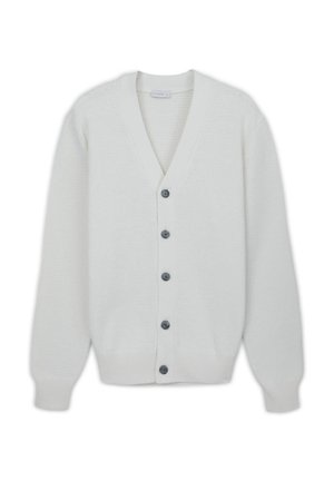 Weißer Cardigan mit V-Ausschnitt, langen Ärmeln, sechs grauen Knöpfen, gerippten Bündchen und strukturiertem Stoff.