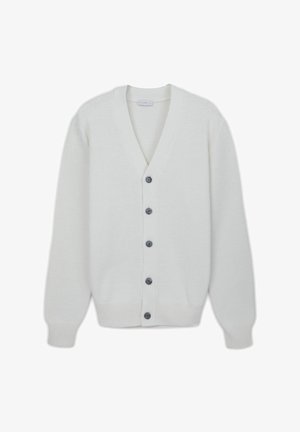 Weißer Cardigan mit V-Ausschnitt, langen Ärmeln, sechs grauen Knöpfen, gerippten Bündchen und strukturiertem Stoff.