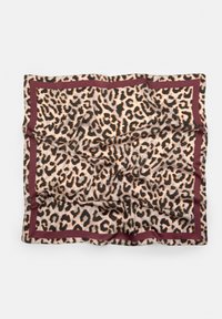 Svila šal z vzorcem leoparda v črni in rjavi barvi, obkrožen z burgundskim okvirjem. Gladka tekstura z mehkobo pri nošenju.