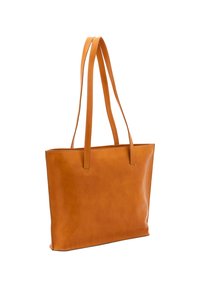 Borsa a tracolla in pelle arancione con due manici lunghi, forma rettangolare, texture liscia e dettagli di cucitura minimalisti.