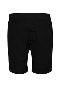 Shorts noirs en tissu léger, dotés d'une taille élastique et d'ourlets retroussés, avec une texture lisse et sans détails visibles.