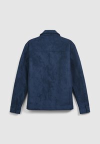 Navy blue suede jacket with long sleeves, a flat collar, and a straight hem. Features a smooth texture and button detailing on cuffs.