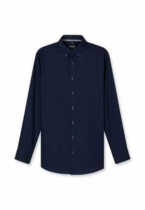 Langarmig donkerblauw overhemd met knopen, met geknoopte kraagpunten en standaard manchetten, plat neergelegd op een witte achtergrond.