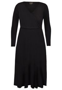 Musta pitkähihaisten mekko, jossa on kietaisu-design, V-pääntie ja valuvaihe, valmistettu pehmeästä kankaasta, jossa on sileä rakenne.