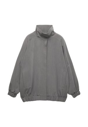 Graue, übergroße Jacke mit hohem Kragen, gerippten Bündchen und elastischem Saum, zwei Seitentaschen und einer strukturierten Stoffoberfläche.