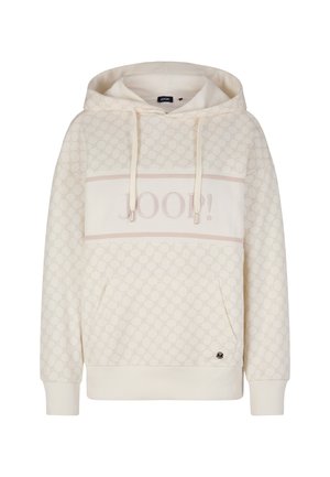 Cremfarbener Hoodie mit strukturiertem Muster, der einen zentralen Streifen mit "JOOP!" in Hellrosa bedruckt hat und mit einer Kängurutasche ausgestattet ist.