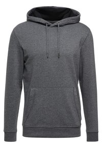 Grijze hoodie van zacht fabric met een zwart-omlijnde capuchon, verstelbare trekkoorden en een voorzak in kangoeroestijl. Heeft ribgebreide manchetten en zoom.