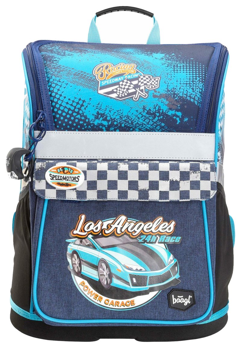 Zaino blu e nero con grafica da corsa, scomparti con cerniera, dettagli a scacchi e un logo in evidenza per "Los Angeles 24h Race."