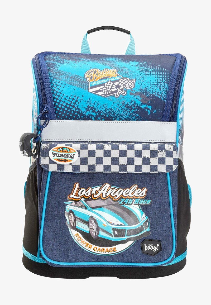 Niebiesko-czarny plecak z wyścigowymi grafikami, kieszeniami na zamek, akcentami w szachownicę oraz wyraźnym logo "Los Angeles 24h Race."