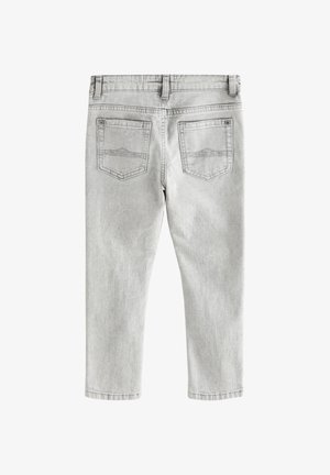 Pelēkas džinsa bikses ar taisnu kāju griezumu, ar divām aizmugurējām kabatām un smalkām šuvju detaļām. Audumam ir mīksta, gluda tekstūra.