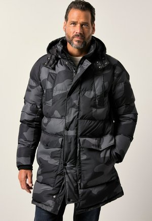 QUILTED , CAMOUFLAGE, HOOD, DRAWSTRING WAIST, UP TO 7 XL - Winter coat - black
