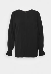 Zwarte lange mouwen blouse met een ronde halslijn, zachte textuur, gather bij de manchet en een detail van een centrale naad.