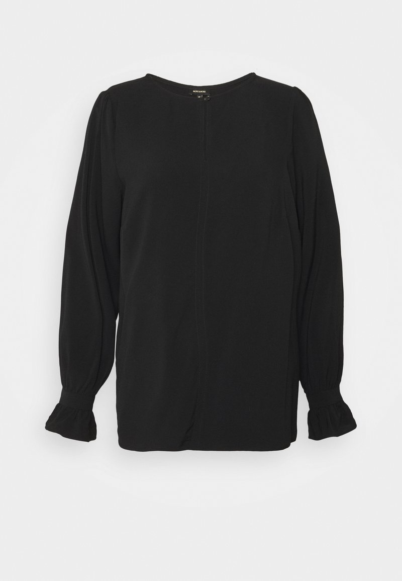 Zwarte lange mouwen blouse met een ronde halslijn, zachte textuur, gather bij de manchet en een detail van een centrale naad.