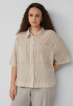 Chemise à manches courtes avec un col, présentant des rayures verticales beiges et marron. Deux poches poitrine et une coupe décontractée.